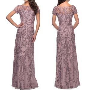 LA FEMME Lace Column Dress Dusty Lilac Purple NEW Size 8 Embroidered Gown